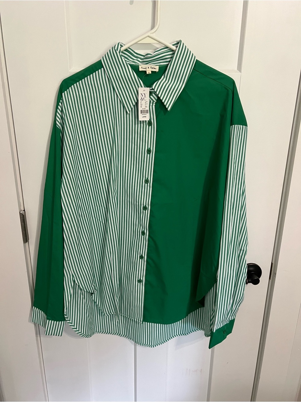 Aaron & Amber Asymmetric Green Striped & Solid Button-Down Shirt